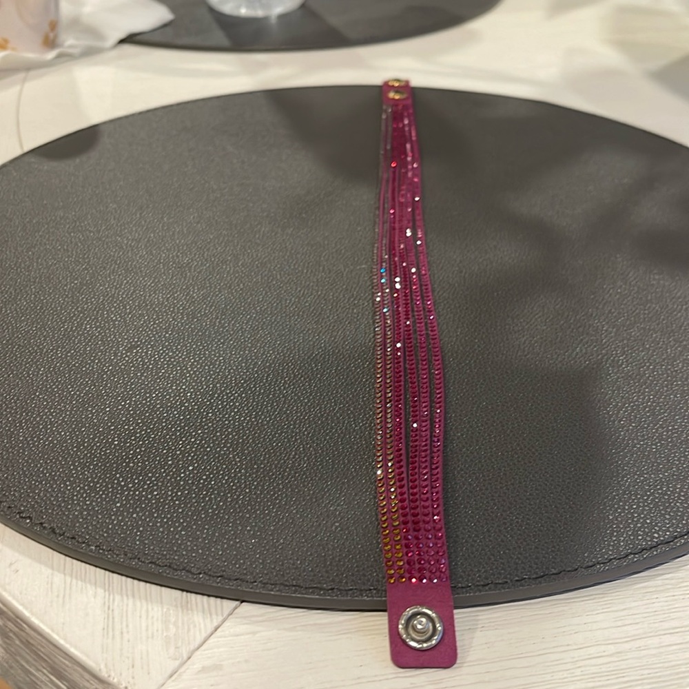 Purple sparkles on leather snap bracelet